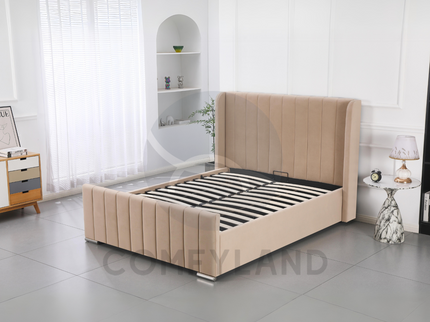 Beige Velvet Storage Bed