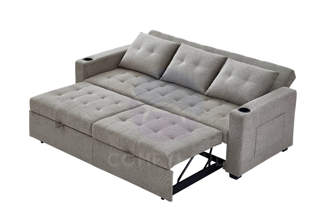 Beige Textured Chenille Pull-Out Sofa Bed