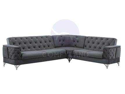 Bali Grey Velvet Chesterfield Corner Sofa 7 Seater with Deep Button Tufting