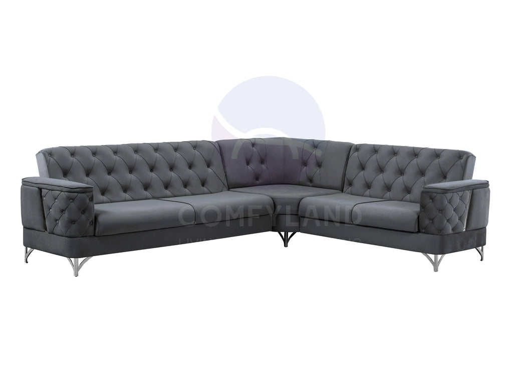Bali Grey Velvet Chesterfield Corner Sofa 7 Seater with Deep Button Tufting