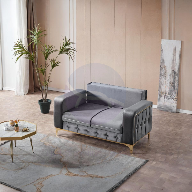 BERLIN Sofa Bed in Grey Velvet with Gold Detailing