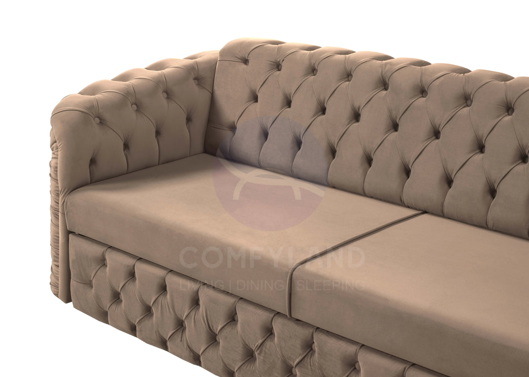 Almera Beige Velvet Chesterfield 7 Seater L Shape Corner Sofa with Deep Button Tufting