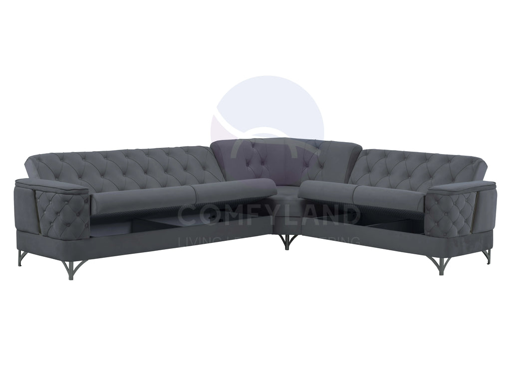 Bali Grey Velvet Chesterfield Corner Sofa 7 Seater with Deep Button Tufting