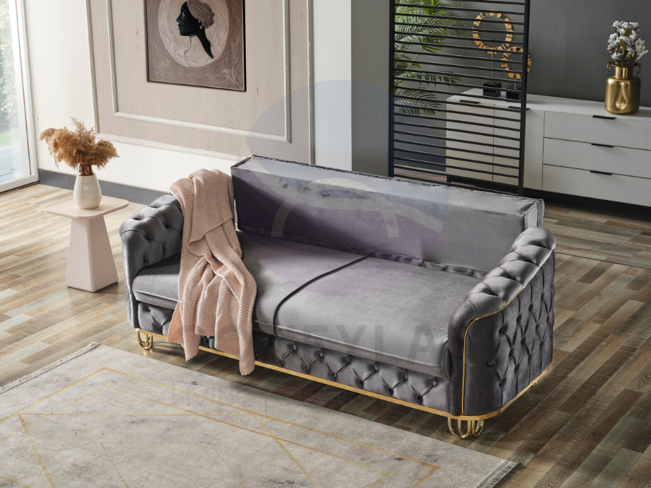 ALMERA Sofa Bed in Grey Velvet with Gold Detailing
