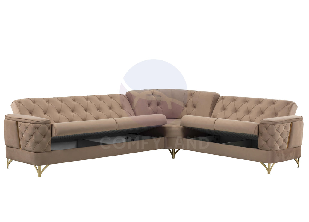 Bali Beige Velvet Chesterfield Corner Sofa 7 Seater with Deep Button Tufting