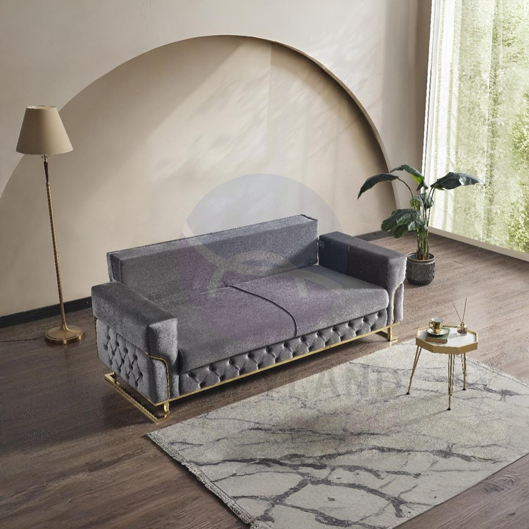 PARMA Sofa Bed in Grey Velvet with Gold Detailing