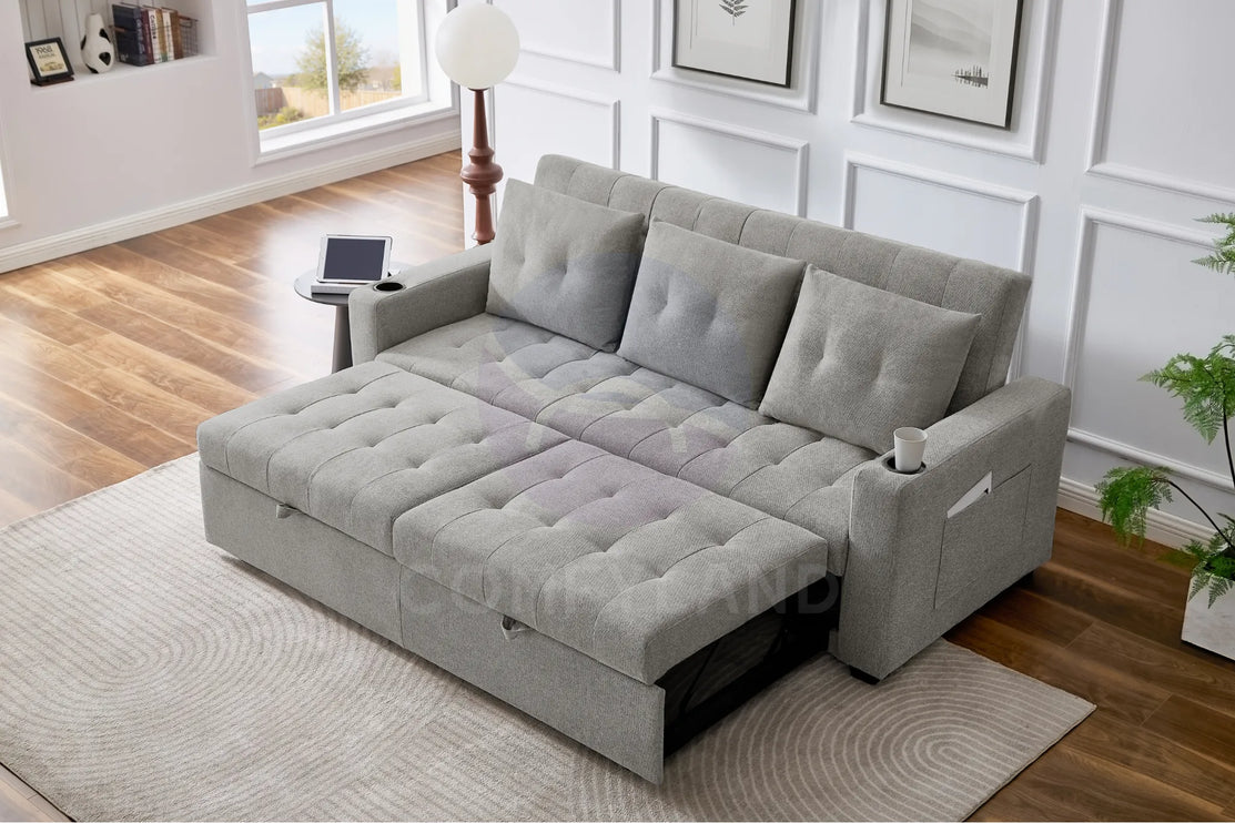 Beige Textured Chenille Pull-Out Sofa Bed