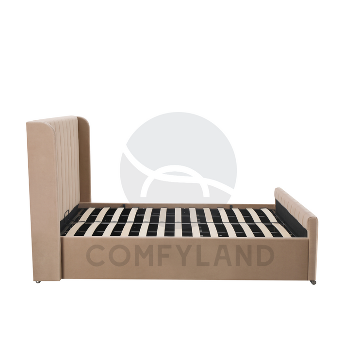 Beige Velvet Storage Bed