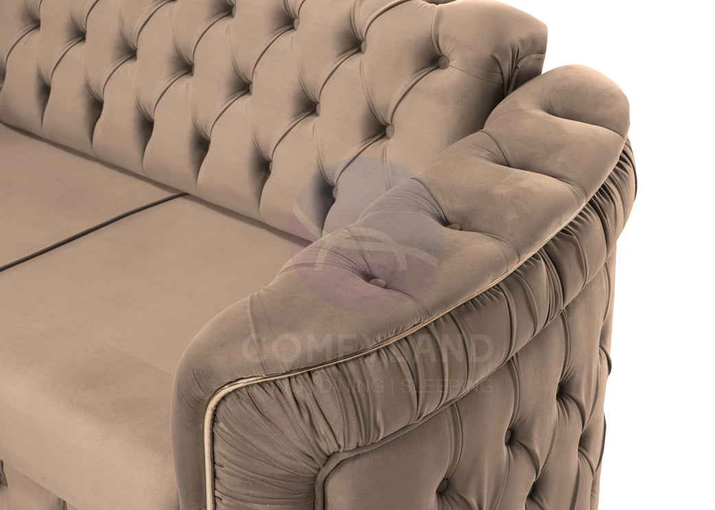 Almera Beige Velvet Chesterfield 7 Seater L Shape Corner Sofa with Deep Button Tufting