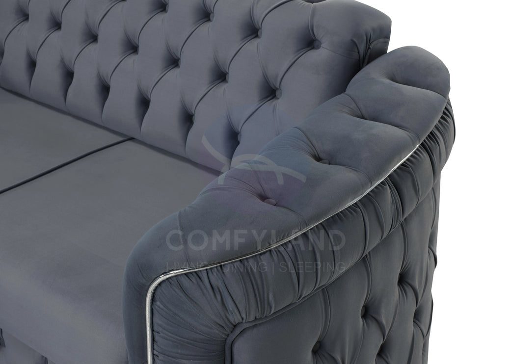 Almera Grey Velvet Chesterfield 7 Seater L Shape Corner Sofa with Deep Button Tufting