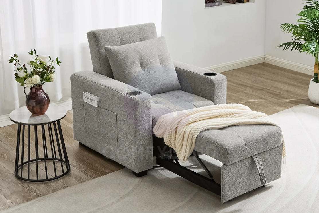 Beige Textured Chenille Pull-Out Sofa Bed