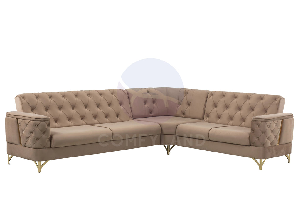 Bali Beige Velvet Chesterfield Corner Sofa 7 Seater with Deep Button Tufting