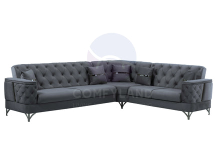 Bali Grey Velvet Chesterfield Corner Sofa 7 Seater with Deep Button Tufting