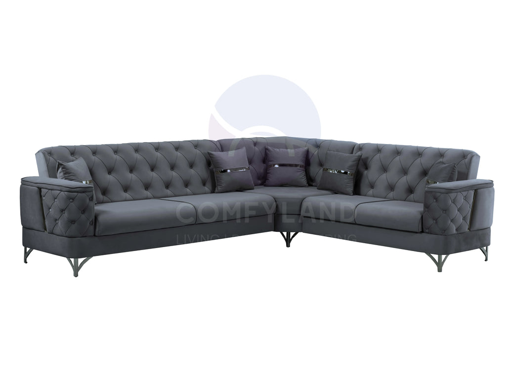 Bali Grey Velvet Chesterfield Corner Sofa 7 Seater with Deep Button Tufting