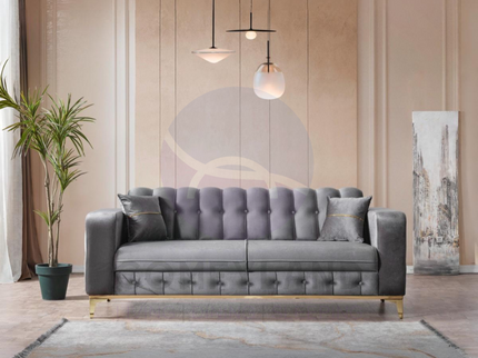 BERLIN Sofa Bed in Grey Velvet with Gold Detailing