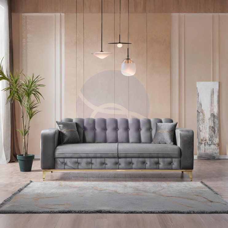 BERLIN Sofa Bed in Grey Velvet with Gold Detailing