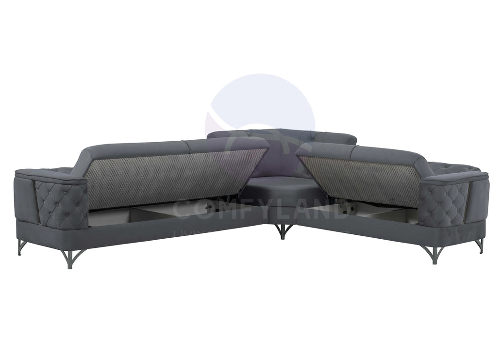 Bali Grey Velvet Chesterfield Corner Sofa 7 Seater with Deep Button Tufting