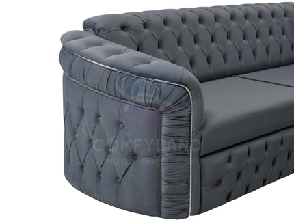 Almera Grey Velvet Chesterfield 7 Seater L Shape Corner Sofa with Deep Button Tufting