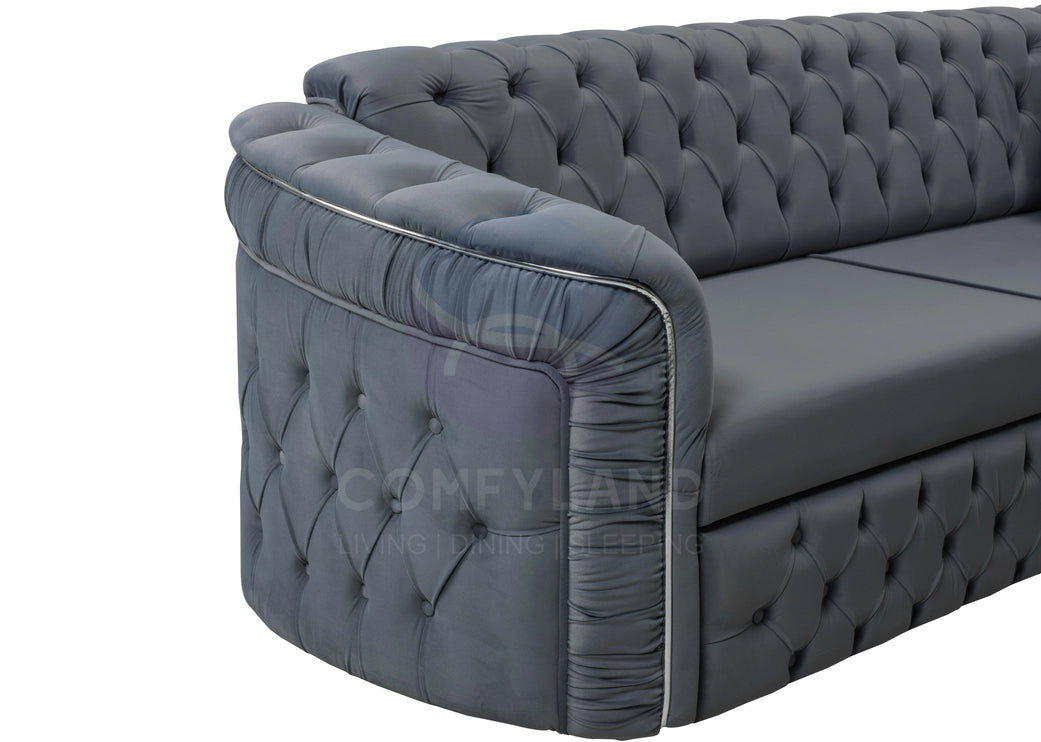 Almera Grey Velvet Chesterfield 7 Seater L Shape Corner Sofa with Deep Button Tufting