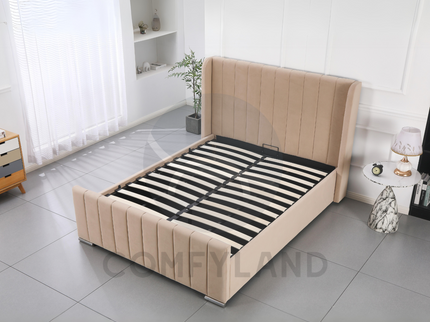 Beige Velvet Storage Bed
