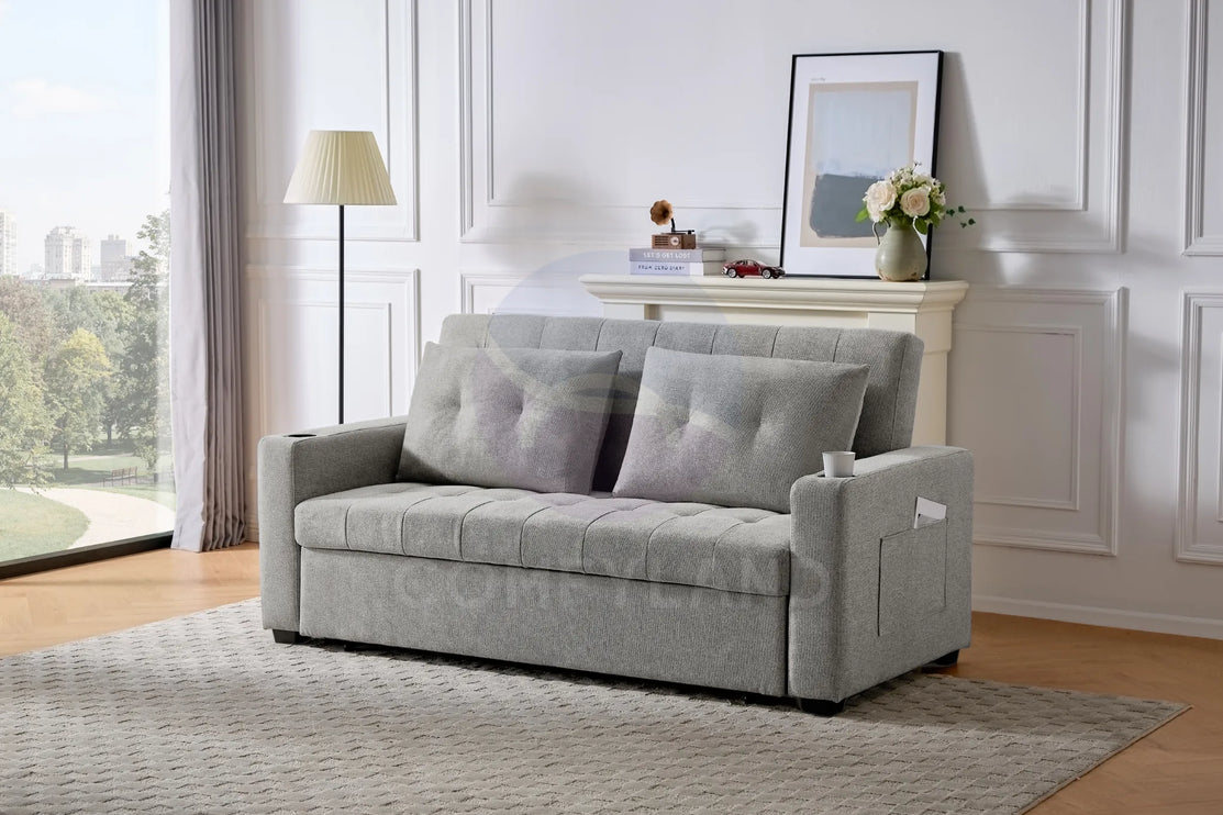 Beige Textured Chenille Pull-Out Sofa Bed