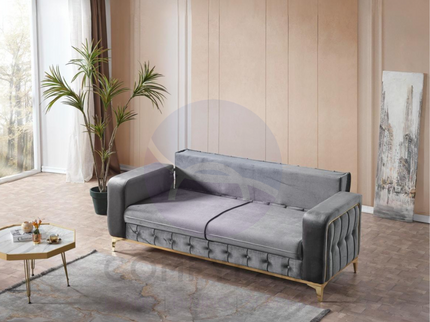 BERLIN Sofa Bed in Grey Velvet with Gold Detailing