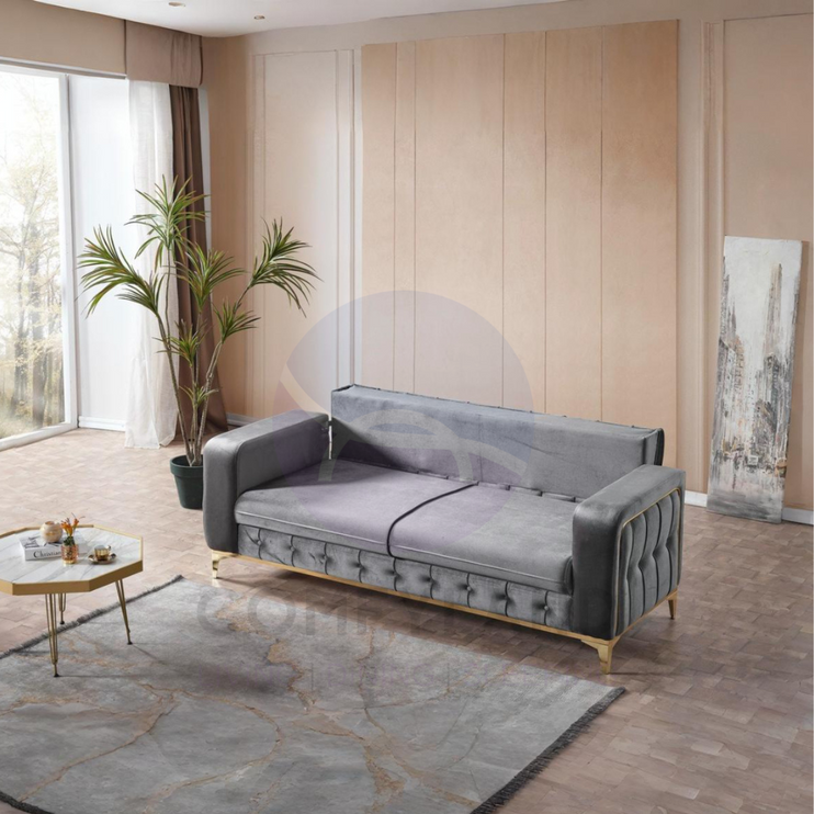 BERLIN Sofa Bed in Grey Velvet with Gold Detailing