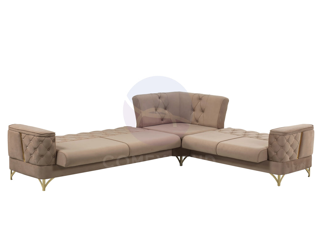 Bali Beige Velvet Chesterfield Corner Sofa 7 Seater with Deep Button Tufting