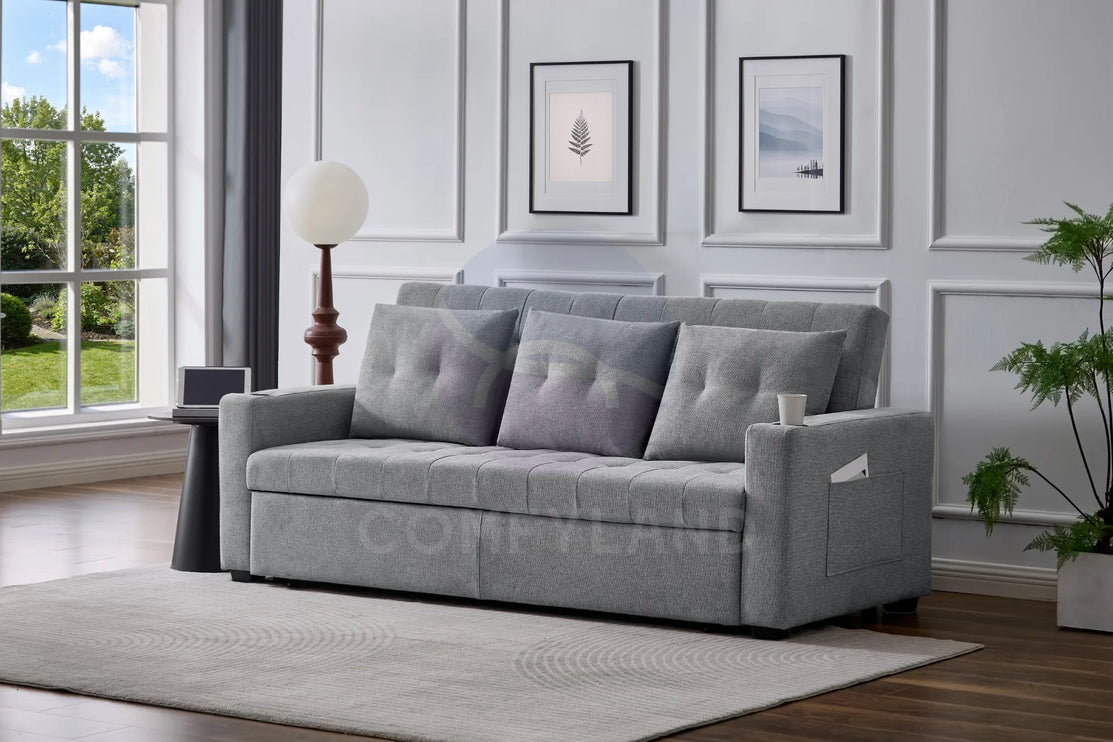 Grey Textured Chenille Pull-Out Sofa Bed