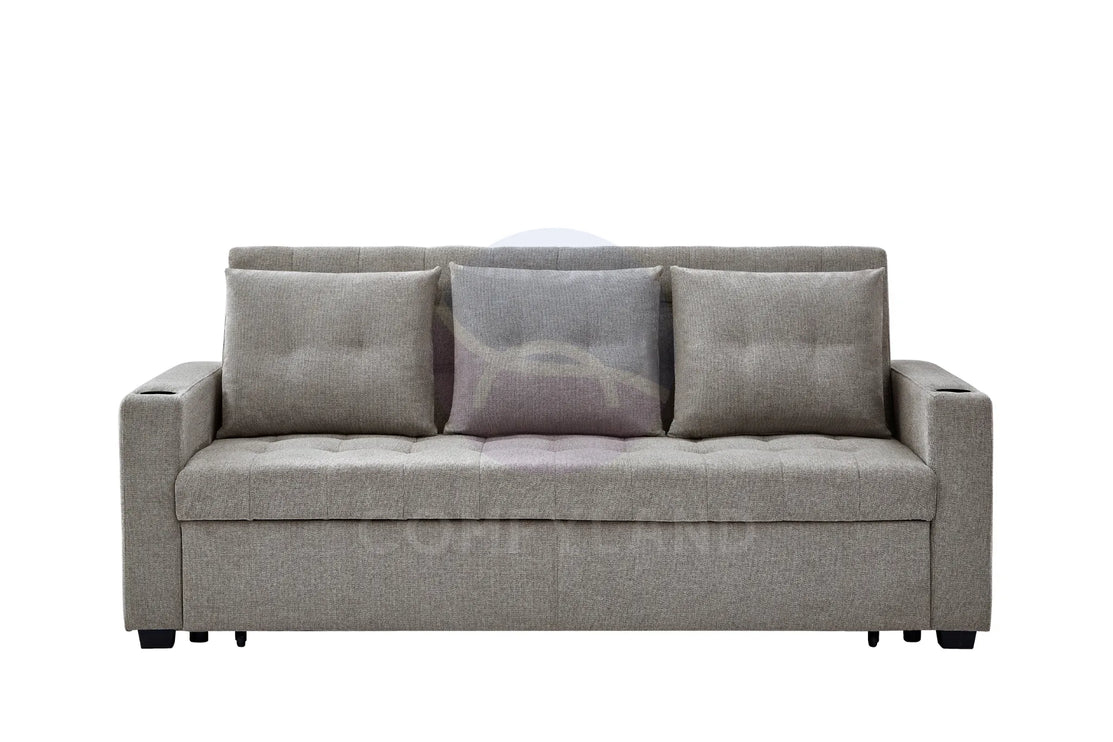 Beige Textured Chenille Pull-Out Sofa Bed