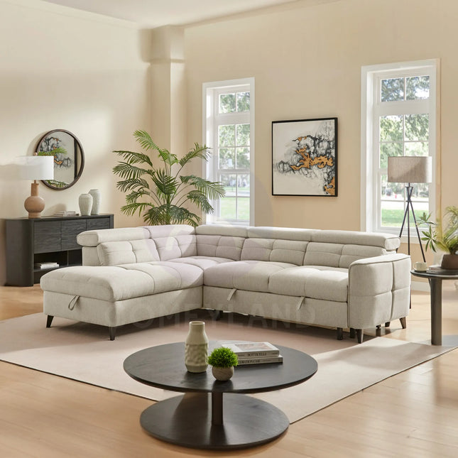 Nello Beige Sectional Sleeper Sofa Bed with Storage