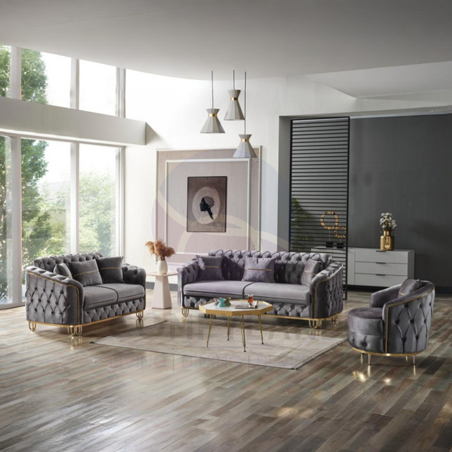 ALMERA Sofa Bed in Grey Velvet with Gold Detailing