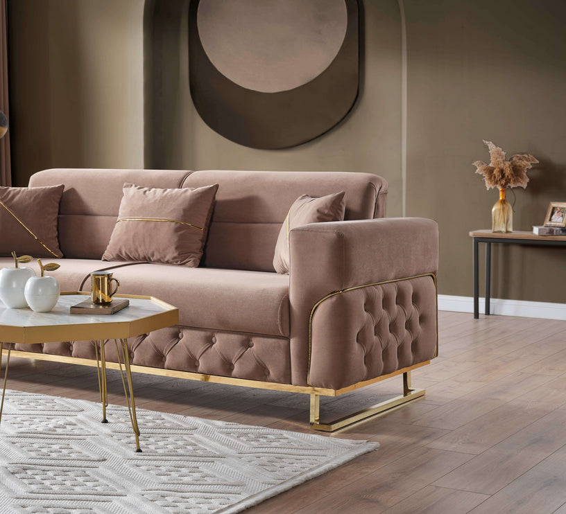 PARMA Beige Velvet Sofa Bed with Gold Detailing