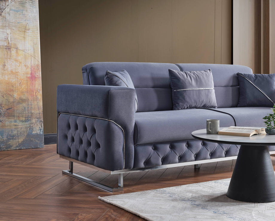PARMA Sofa Bed in Grey Velvet with Chrome Detailing