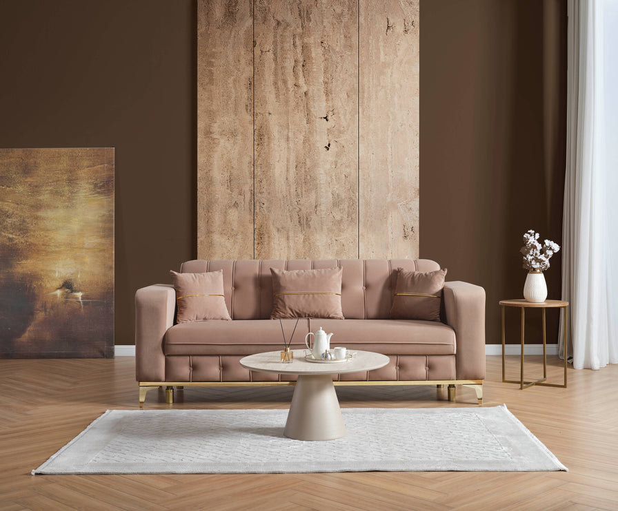 BERLIN Beige Velvet Sofa Bed with Gold Detailing