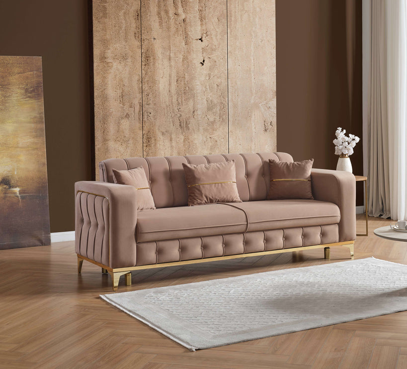 BERLIN Beige Velvet Sofa Bed with Gold Detailing
