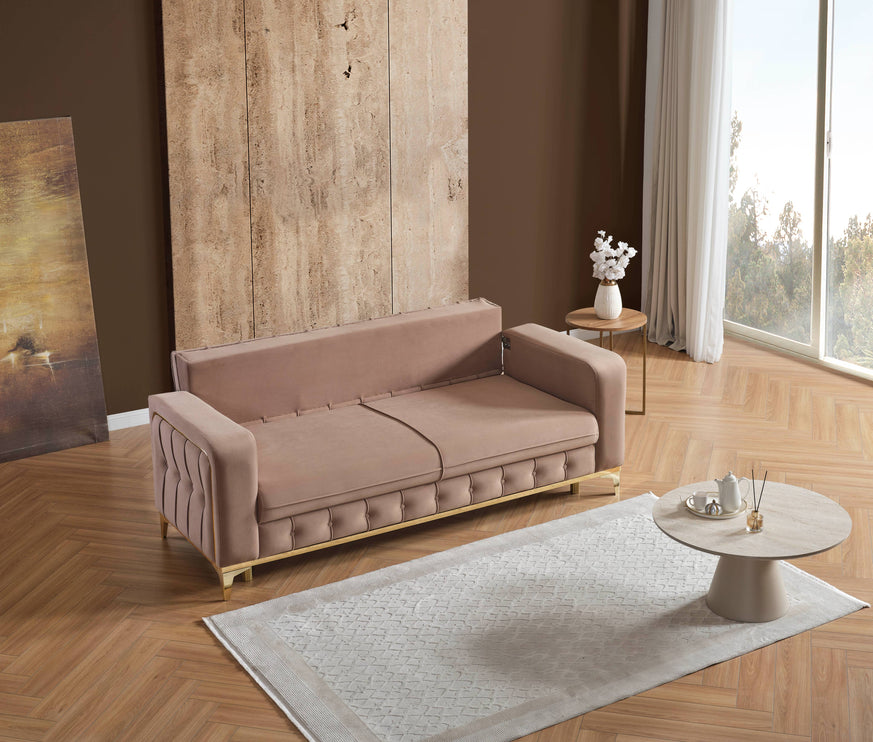 BERLIN Beige Velvet Sofa Bed with Gold Detailing