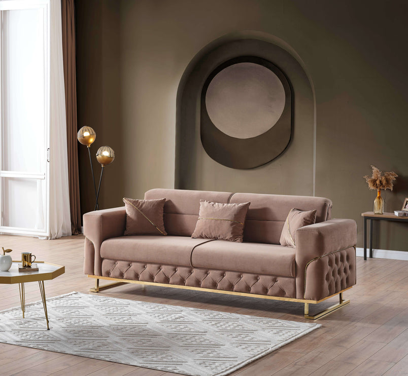 PARMA Beige Velvet Sofa Bed with Gold Detailing