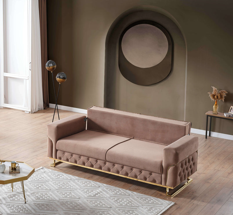 PARMA Beige Velvet Sofa Bed with Gold Detailing