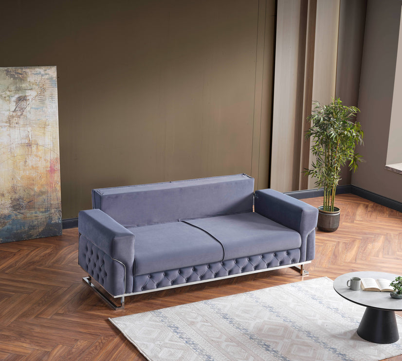 PARMA Sofa Bed in Grey Velvet with Chrome Detailing