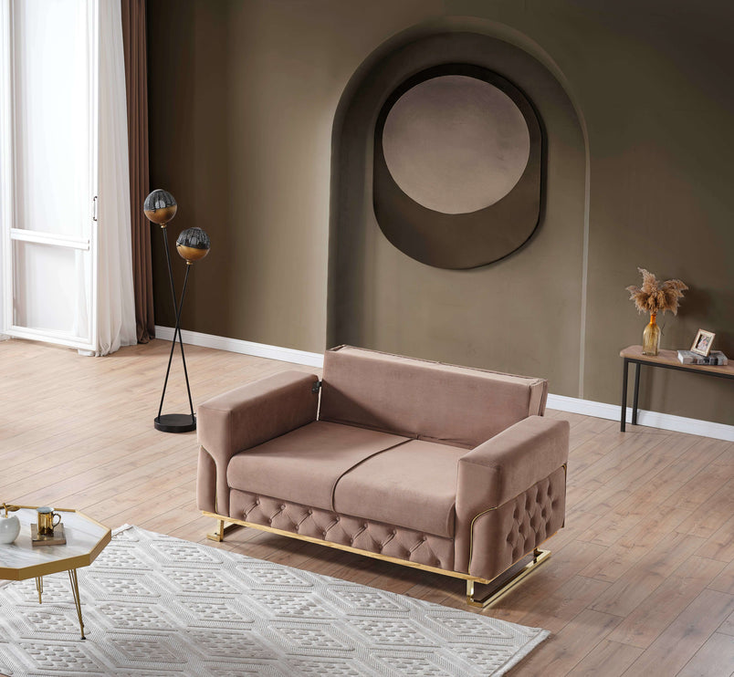 PARMA Beige Velvet Sofa Bed with Gold Detailing