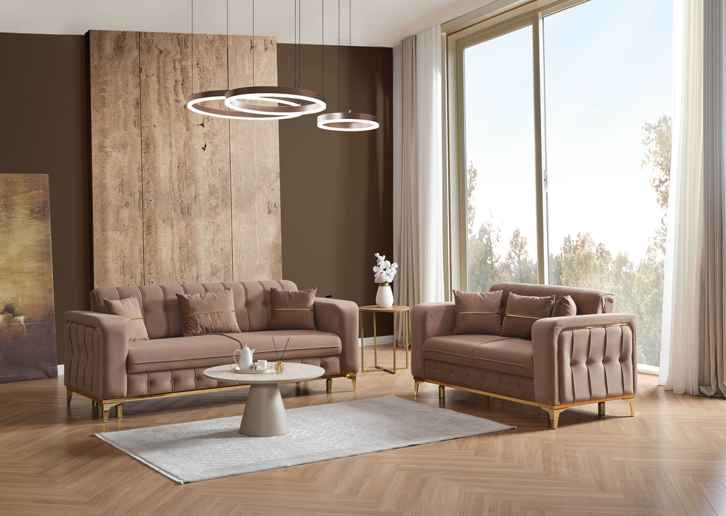 BERLIN Beige Velvet Sofa Bed with Gold Detailing