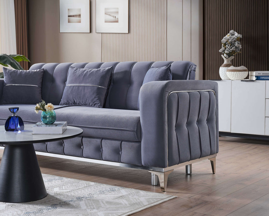 BERLIN Grey Velvet Sofa Bed with Chrome Detailing