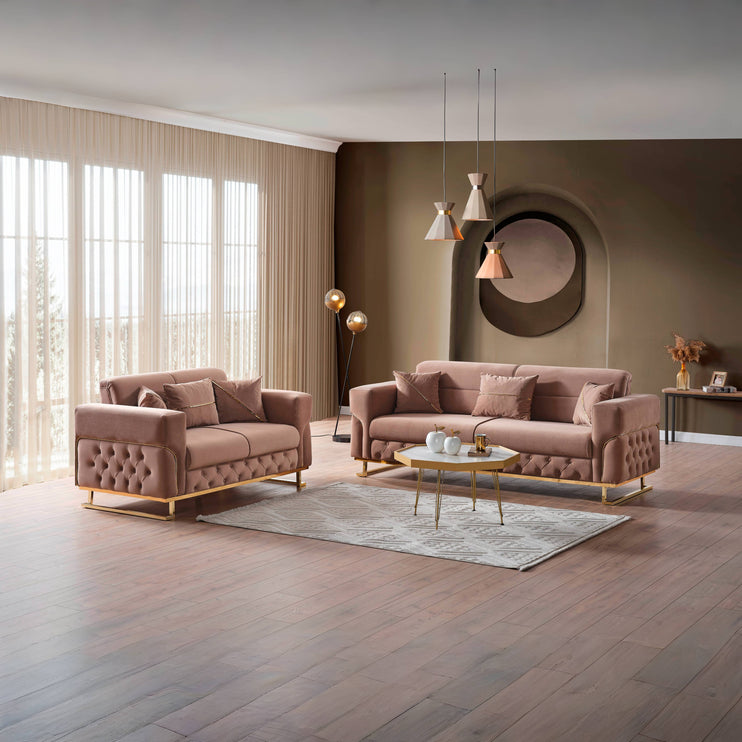 PARMA Beige Velvet Sofa Bed with Gold Detailing