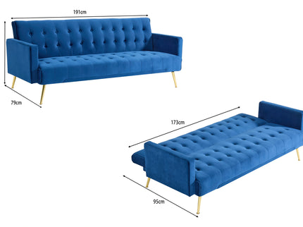 Blue Velvet Convertible Sofa Bed with Gold Metal Legs Button Detail