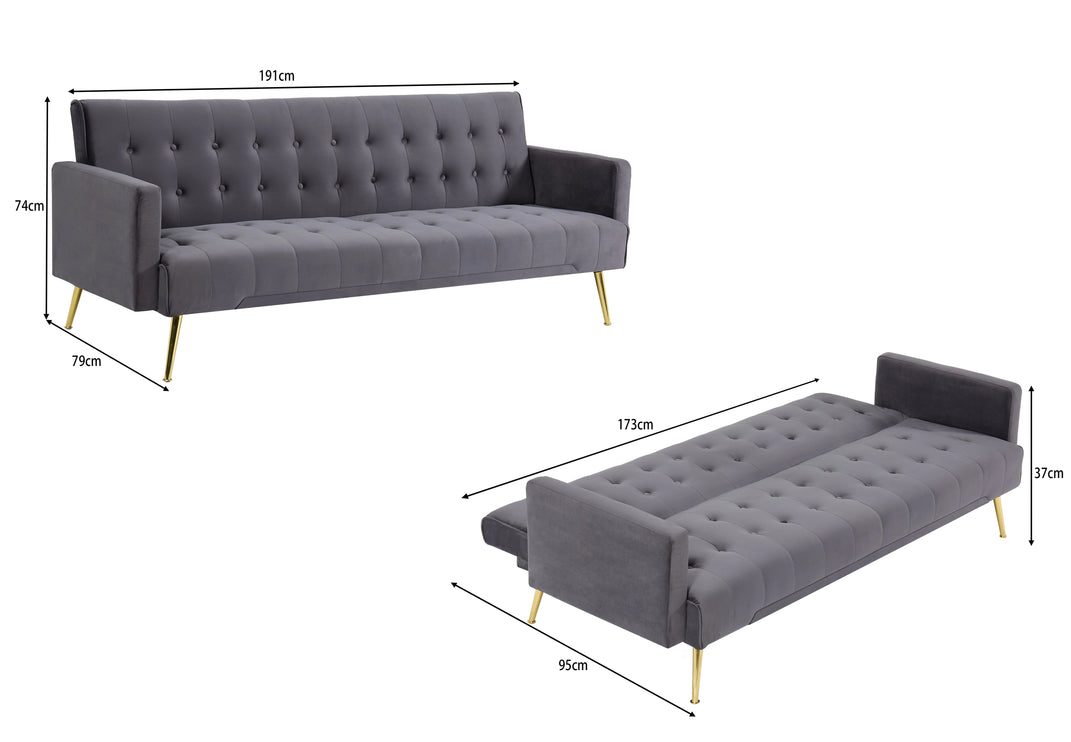 Grey Velvet Convertible Sofa Bed with Gold Metal Legs Button Detail