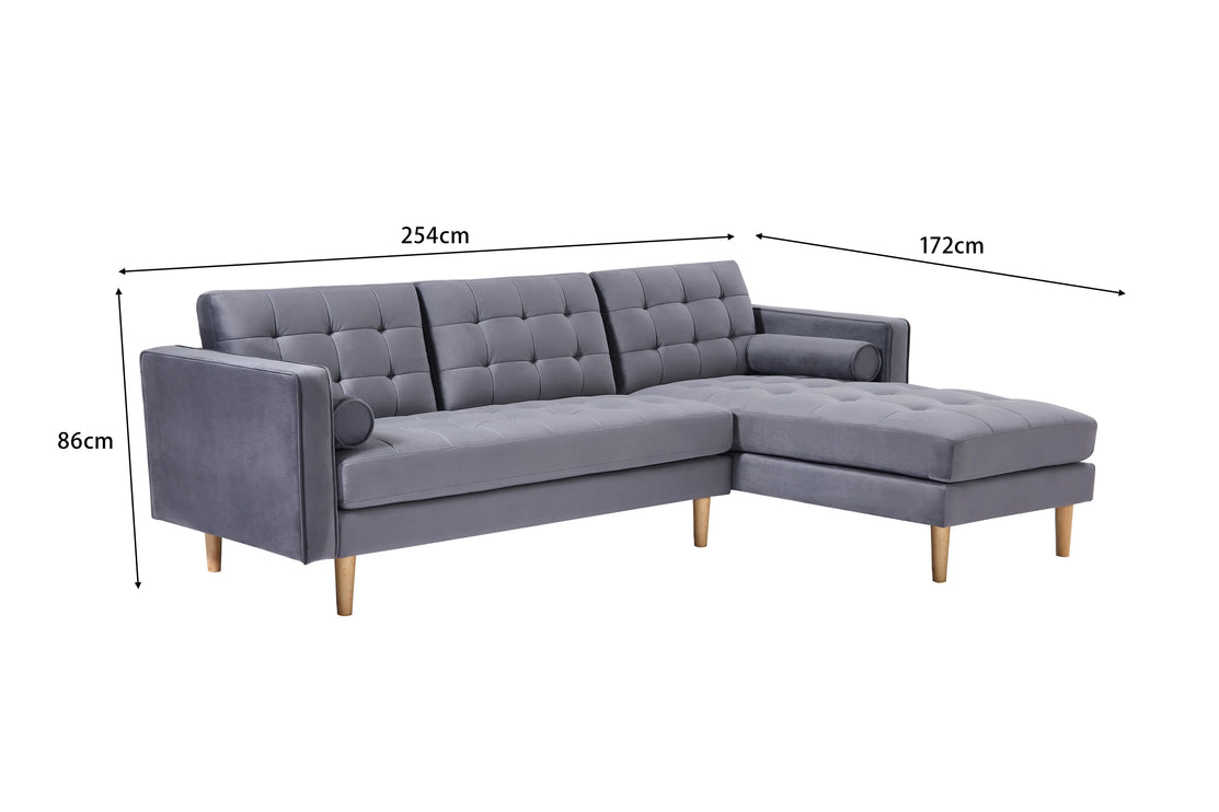 Grey Velvet Corner Sofa-Left or Right Hand Facing