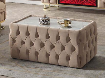Beige Velvet Coffee Table with Marble Top