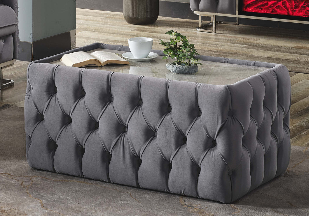 Grey Velvet Coffee Table with Marble Top