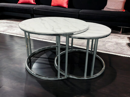 Pearl White & Silver Marble Effect Coffee Table Set of 2